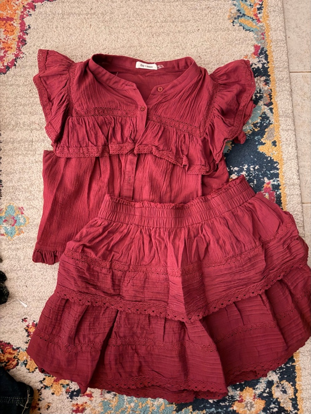 Day + Moon Burgundy Ruffle Mini Skirt Set